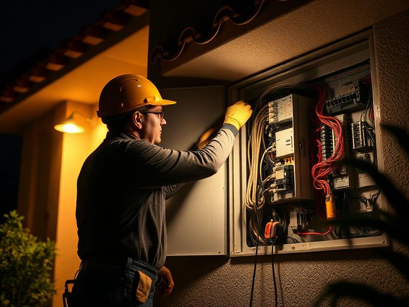 Emergency electrician repairing electrical fault at night