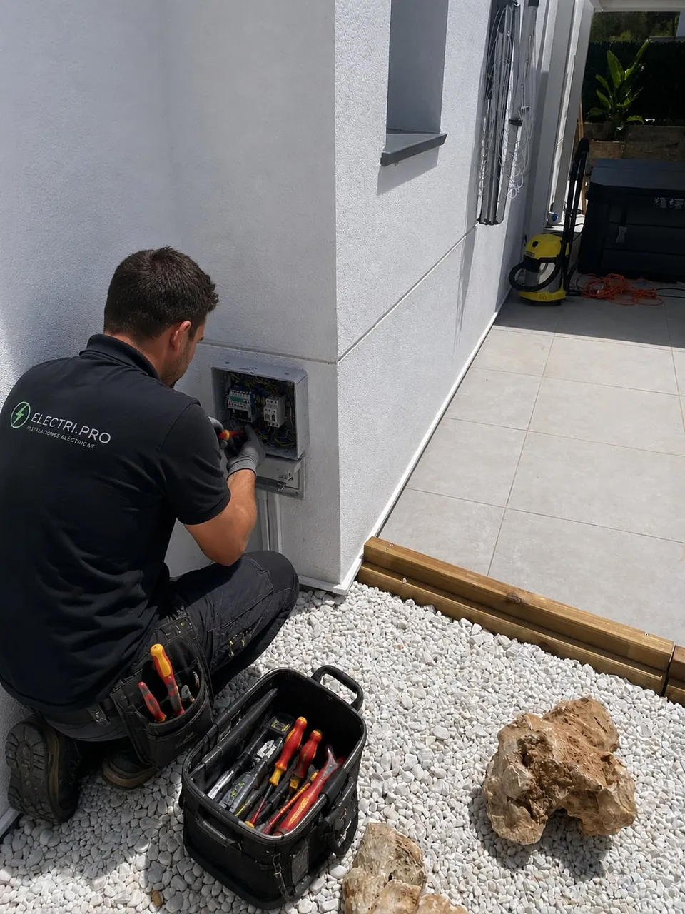 Electricista conectando la aparamenta en carril DIN dentro de una caja empotrada en la fachada